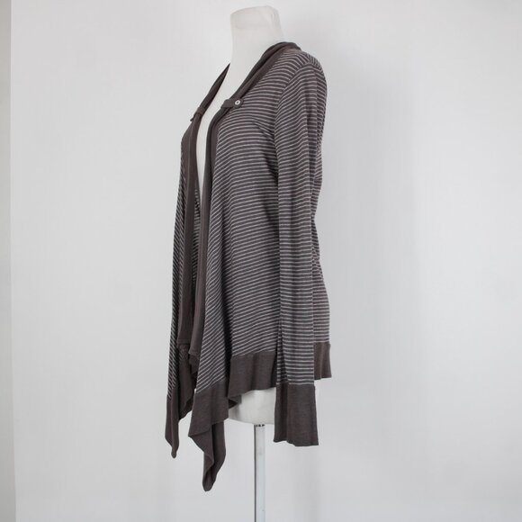 Splendid Sz L Brown Gray Striped Asymmetrical Rayon Linen Poly Wrap Sweater - Picture 2 of 11